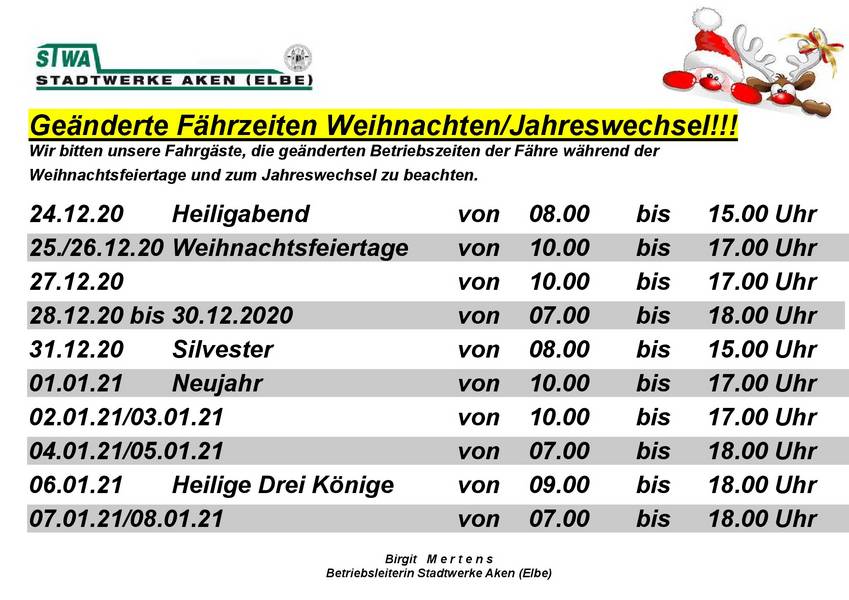 Ge&auml;nderte F&auml;hrzeiten Weihnachten/Jahreswechsel