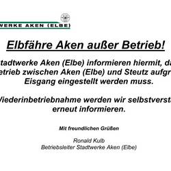 Elbf&auml;hre Aken ab 07.01.2026 au&szlig;er Betrieb