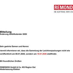 &Auml;nderung im Tourenplan zur Abholung der Leichtverpackung