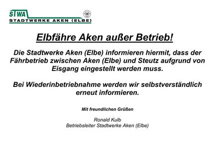Elbfähre Aken ab 07.01.2026 außer Betrieb