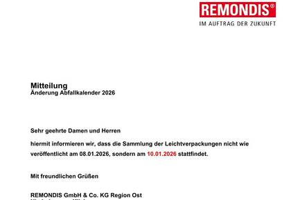 Änderung im Tourenplan zur Abholung der Leichtverpackung